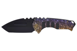 Medford Praetorian Genesis T Black PVD S35VN Tanto Blade PVD handles with bronze to violet peaks and valleys sculpted handles Front Side Open
