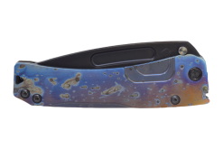 Medford Slim Midi Marauder PVD S35VN Tanto Blade Galaxy Face and Flamed Handles with PVD Hardware and Brushed Blue Ano Clip Front Side Closed