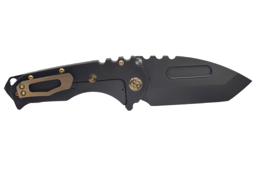 Medford Praetorian T Black PVD S35VN Tanto Blade Black PVD Handles with Bronze Perimeters Bronze Hardware/Clip knife with gold accents on it.
