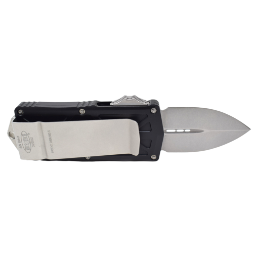 Microtech Exocet CA Legal OTF Auto Stonewash Dagger Blade Black Aluminum Handle Back Side Open