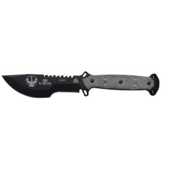 TOPS SXS (SKULLCRUSHER'S XTREME SIDEKICK) Black Traction 1095 Fixed Blade with Saw Tooth Spine Black Linen Micarta Handle Front Side Without Sheath
