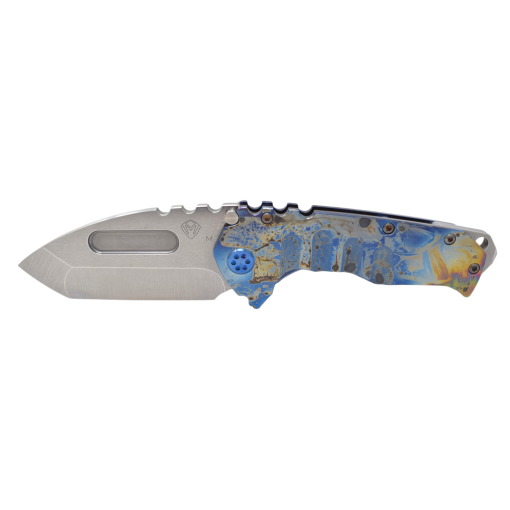 Praetorian T Magnacut Tumbled Tanto Faced and Flamed Solar Flare Handle Blue Spring Front Side Open