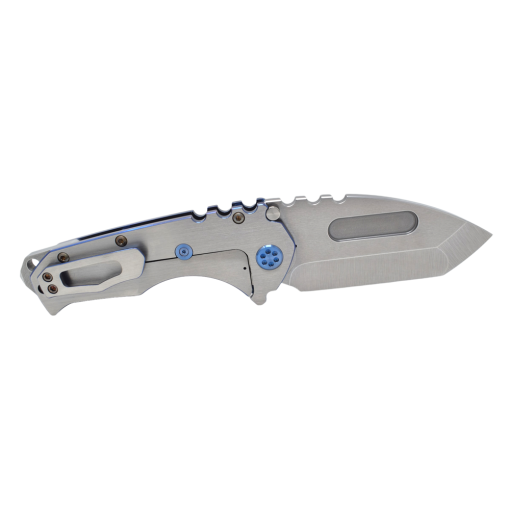Praetorian T Magnacut Tumbled Tanto Blue Ano Handles with Faced Silver Flats Back Side Open