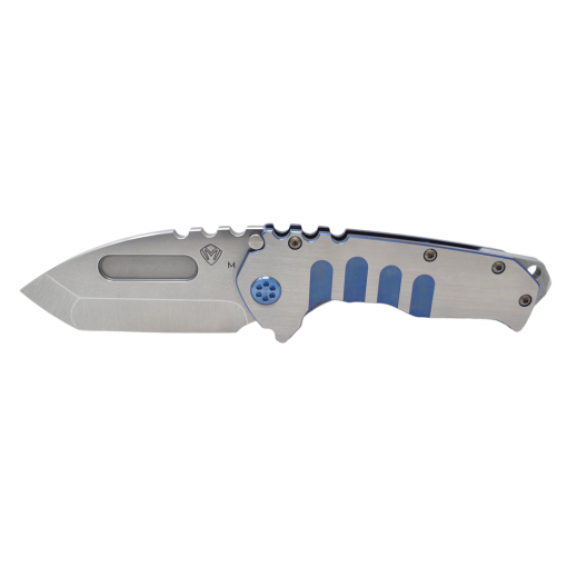 Praetorian T Magnacut Tumbled Tanto Blue Ano Handles with Faced Silver Flats Front Side Open