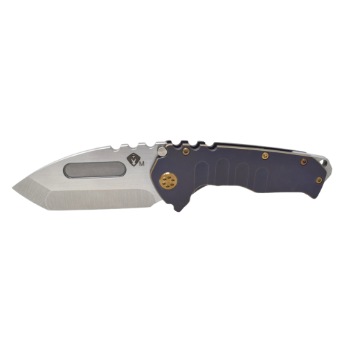 Medford Praetorian T Magnacut Tumbled Tanto Blade Violet Handle with Bronze Pinstriping Bronze Anodized Hardware Brushed Bronze Clip NP3 Breaker Front Side Open