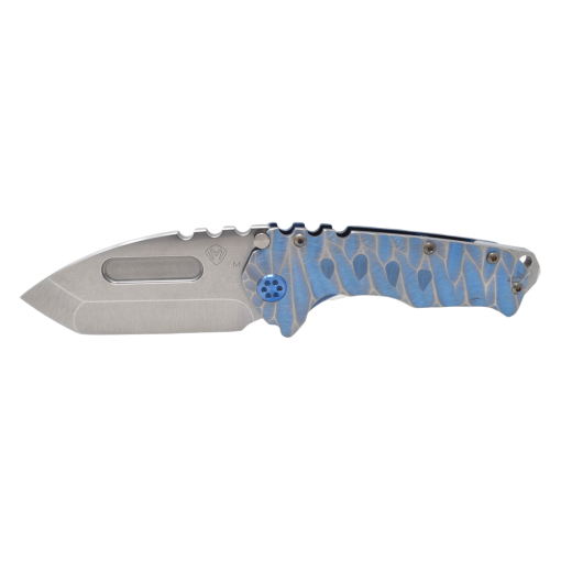 Praetorian T Magnacut Tumbled Tanto Blue Predator Handles with Brushed Silver Peaks Front Side Open