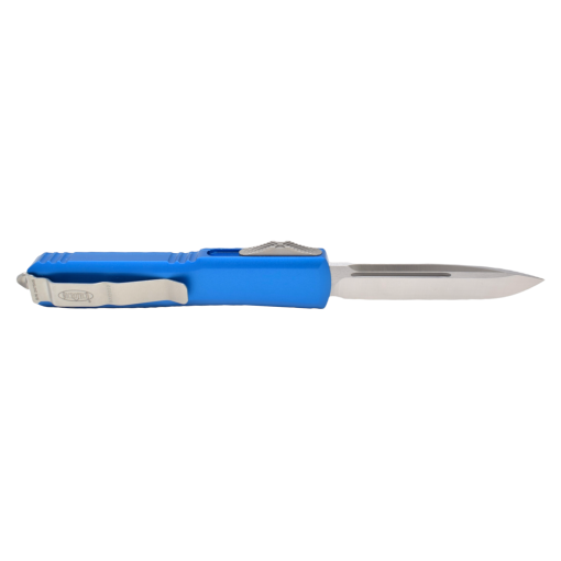 Microtech Ultratech OTF Auto Satin Drop Point Blade Blue Aluminum Handle Back Side Open