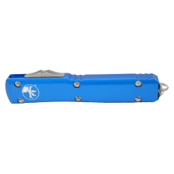 Microtech Ultratech OTF Auto Satin Drop Point Blade Blue Aluminum Handle Front Side Closed