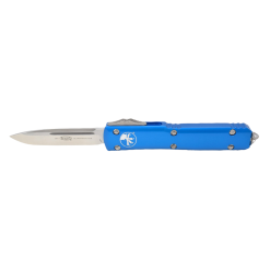 Microtech Ultratech OTF Auto Satin Drop Point Blade Blue Aluminum Handle Front Side Open