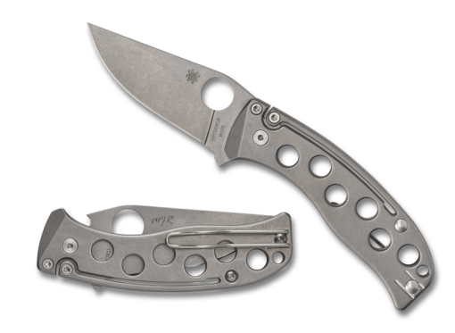 Spyderco PITS Sprint Run Stonewash M390 Drop Point Blade Stonewash Titanium Handle Front Side Open and Back Side Closed