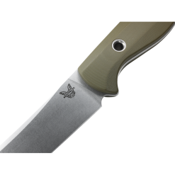 Benchmade Meatcrafter Satin CPM-S45VN Trailing Point Fixed Blade OD Green G-10 Handle Blade Close Up 3