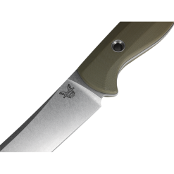 Benchmade Meatcrafter Satin CPM-S45VN Trailing Point Fixed Blade OD Green G-10 Handle Blade Close Up 2