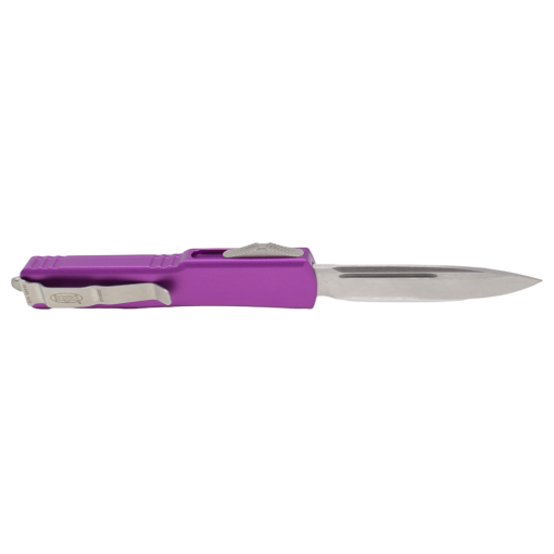 Microtech UTX-70 OTF Auto Stonewash Combo Drop Point Blade Violet Aluminum Handle back Side Open