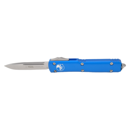 Microtech Ultratech Stonewashed Single Edge OTF Auto Blue Anodized Aluminum Handle Stonewashed Hardware and Clip Front Side Open