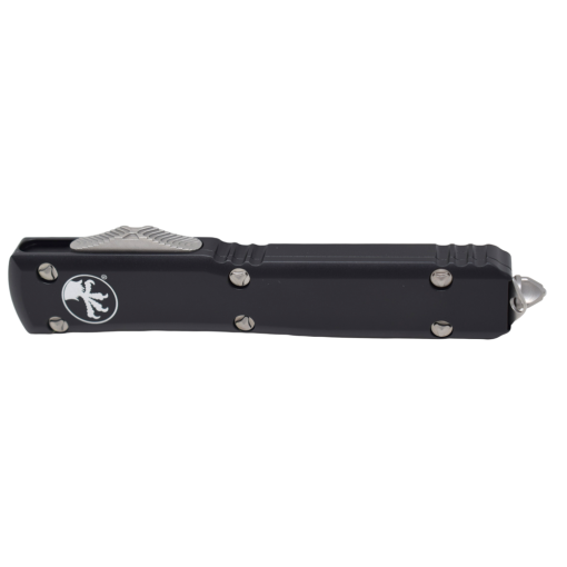 Microtech Ultratech OTF Auto Stonewash Tanto Edge Blade Partial Serration Black Anodized Aluminum Handle With Stonewash Hardware and Stonewash Clip Front Side Closed