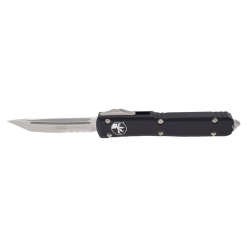 Microtech Ultratech OTF Auto Stonewash Tanto Edge Blade Partial Serration Black Anodized Aluminum Handle With Stonewash Hardware and Stonewash Clip Front Side Open
