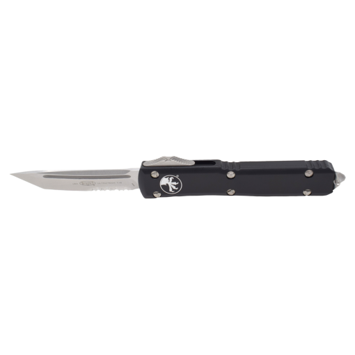 Microtech Ultratech OTF Auto Stonewash Tanto Edge Blade Partial Serration Black Anodized Aluminum Handle With Stonewash Hardware and Stonewash Clip Front Side Open