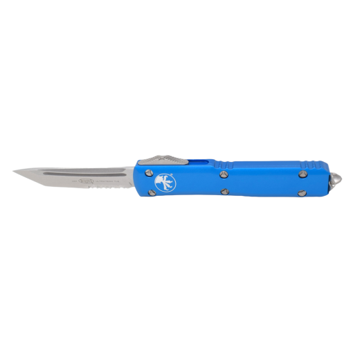 Microtech Ultratech OTF Auto Stonewash Tanto Edge Blade Partial Serration Blue Anodized Aluminum Handle With Stonewash Hardware and Stonewash Clip Front Side Open