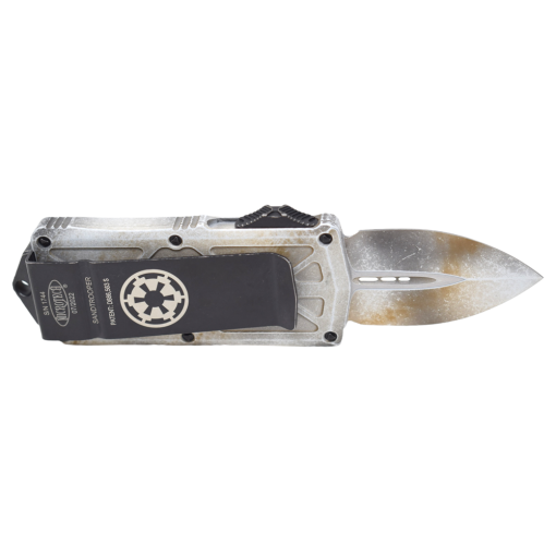 Microtech Exocet Sand Trooper CA Legal OTF Auto Double Edge Dagger Distressed White Handle Black Hardware and Black Clip Back Side Open
