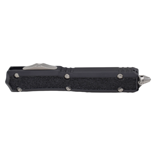 Microtech Makora OTF Auto Stonewash Double Edge Dagger Blade With One Edge Fully Serrated Black Aluminum Handle With Stonewash Hardware and Clip Front Side Closed