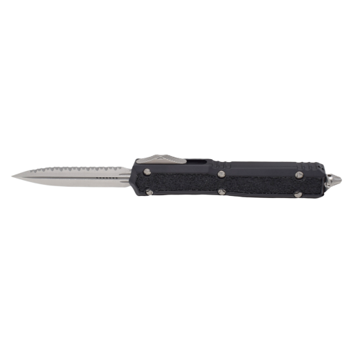 Microtech Makora OTF Auto Stonewash Double Edge Dagger Blade With One Edge Fully Serrated Black Aluminum Handle With Stonewash Hardware and Clip Front Side Open