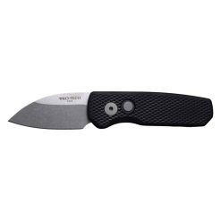 Protech Runt 5 Stonewash Magnacut Wharncliffe Blade Textured Black Handle Blasted Hardware Black Clip Front Side Open