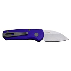 Protech Runt 5 Stonewash Magnacut Wharncliffe Blade Smooth Purple Handle Blasted Hardware and Clip Back Side Open