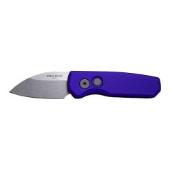 Protech Runt 5 Stonewash Magnacut Wharncliffe Blade Smooth Purple Handle Blasted Hardware and Clip Front Side Open