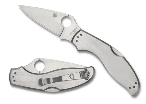 Spyderco UpTern Satin 8Cr13MoV Drop Point Blade Stainless Steel Handle Front Side Open and Back Side Closed