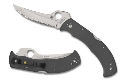 Spyderco Massad Ayoob Sprint Run Satin CruWear Serrated Trailing Point Blade Gray G10 Handle Front Side Open and Back Side Closed