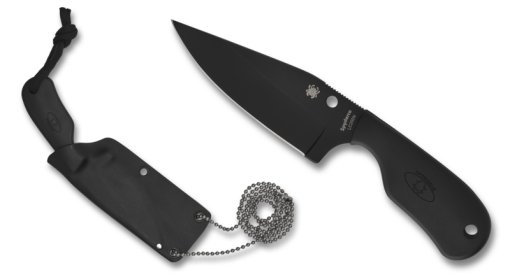 Spyderco Subway Bowie Black Ceramic Coated LC200N Bowie Blade Black FRN Handle Front Side and Sheath