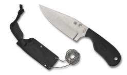 Spyderco Subway Bowie Satin LC200N Bowie Blade Black FRN Handle Front Side With Sheath