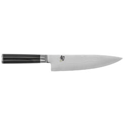 Shun Classic Chef's Knife 8 Inch Damascus VG–MAX Drop Point Fixed Blade Ebony Pakkawood Handle Front Logo Side