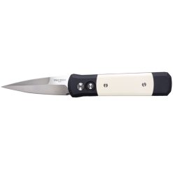 ProTech Automatic Godson Tuxedo Satin 154CM Spearpoint Blade Black Handle with Ivory Micarta Inlays Satin Hardware Black Clip Front Side Open