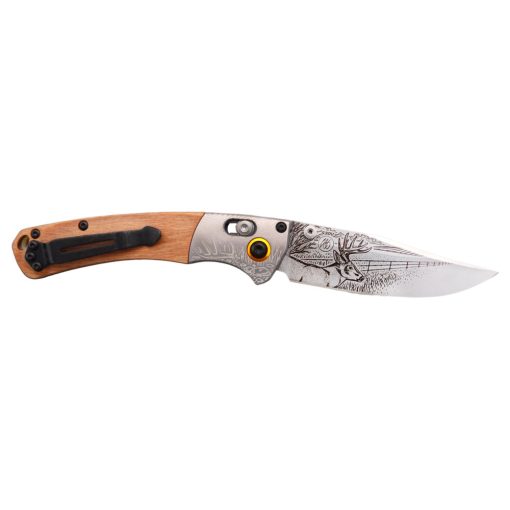 Benchmade Mini Crooked River 2022 Artist Series Casey Underwood Limited Edition Whitetail Deer CPM-S30V Clip-point Engraved Plain Blade Contoured Stabilized Wood Engraved Aluminum Bolster Stainless Steel Liners Bronze Anodized Aluminum Pivot Ring White G10 Backspacer Back Side Open