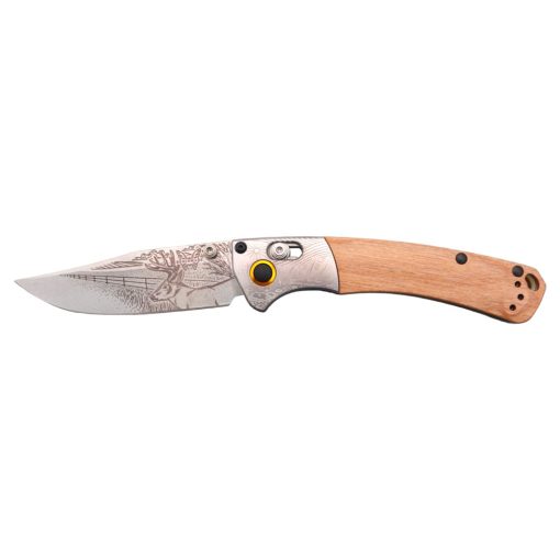 Benchmade Mini Crooked River 2022 Artist Series Casey Underwood Limited Edition Whitetail Deer CPM-S30V Clip-point Engraved Plain Blade Contoured Stabilized Wood Engraved Aluminum Bolster Stainless Steel Liners Bronze Anodized Aluminum Pivot Ring White G10 Backspacer Front Side Open