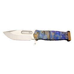 Medford USMC Fighter Flipper MagnaCut Tumbled Drop Point Blade Faced and Flamed Galaxy Front Side Blue Anodized Spring Side Bronze Hardware Brushed and Flamed Galaxy Clip Bronze Pommel Front Side Open