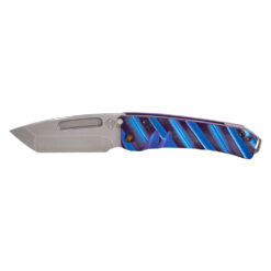 Medford Midi Marauder S35VN Tumbled Tanto Blade With Violet And Blue Warped Speed Sculpted Handles With Brushed And Flamed Clip Front Side Open