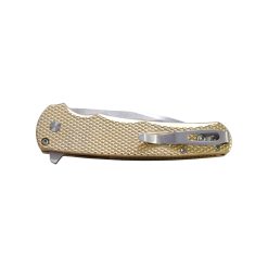 Pro-Tech Malibu CPM-20CV Mike Irie Hand Ground Mirror Polished Wharncliffe Blade Textured Bronze Aluminum Handle Mosaic Button Satin Hardware and Clip Back Side Closed