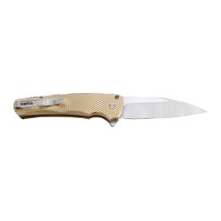 Pro-Tech Malibu CPM-20CV Mike Irie Hand Ground Mirror Polished Wharncliffe Blade Textured Bronze Aluminum Handle Mosaic Button Satin Hardware and Clip Back Side Open