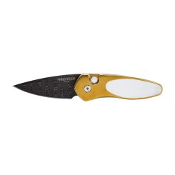 Pro-Tech Knives Sprint Damasteel Blade Bronze Anodized Titanium Frame with Abalone Inlay and Orange Peel Finish Handle Edges Stonewashed Titanium 3D Machined Clip and MoP Push Button Front Side Open