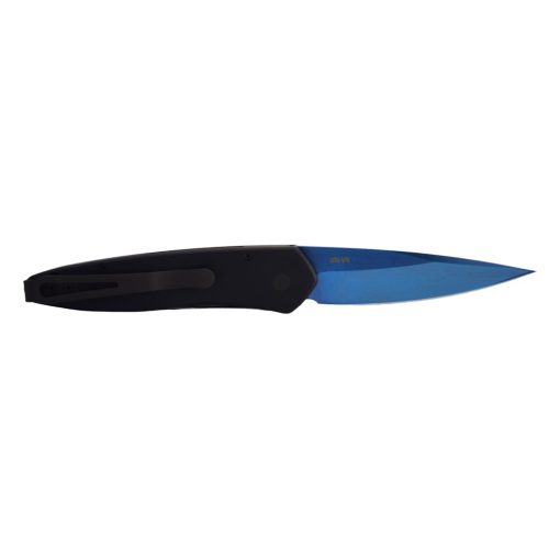 Pro-Tech Newport CPM-S35VN Sapphire Spearpoint Blade Black Anodized Aluminum Handle Black DLC Hardware and Clip Abalone Push Button Back Side Open