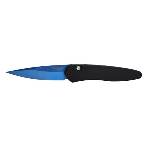 Pro-Tech Newport CPM-S35VN Sapphire Spearpoint Blade Black Anodized Aluminum Handle Black DLC Hardware and Clip Abalone Push Button Front Side Open