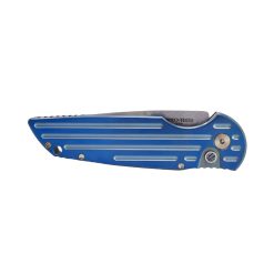 Pro-Tech TR-3 Hand Ground 154CM Mirror Polished Blade Orange Peel Finished Blue & Green Anodized Titanium Grooved Handles Abalone Push Button Automatic Front Side Closed