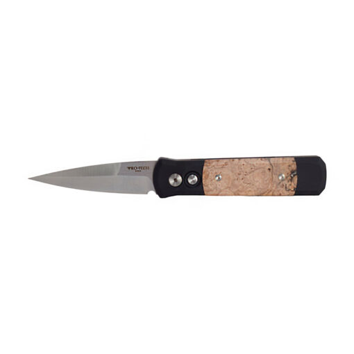 ProTech Godson Satin Finish 154CM Spearpoint Blade Black Aluminum Handle with Maple Burl Wood Inlay Black Clip Standard Hardware Front Side Open