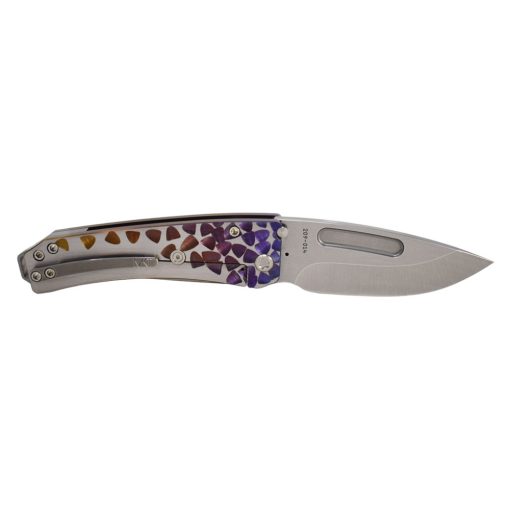 Medford Midi Marauder S45VN Tumbled Drop Point Blade Bronze Violet Fade With Silver Flats Falling Leaf Style Handle With Standard Hardware and Clip and NP3 Breaker Back Side Open