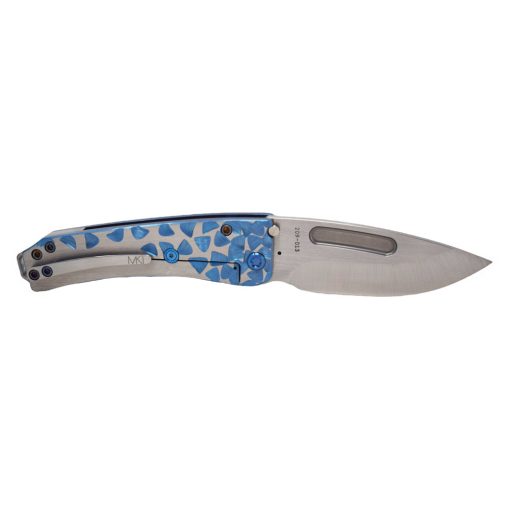 Medford Midi Marauder S45VN Satin Drop Point Blade Blue and Silver Falling Leaf Style Handle With Blue Hardware and Brushed Clip Back Side Open