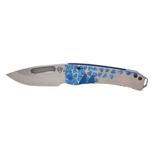 Medford Midi Marauder S45VN Satin Drop Point Blade Blue and Silver Falling Leaf Style Handle With Blue Hardware and Brushed Clip Front Side Open