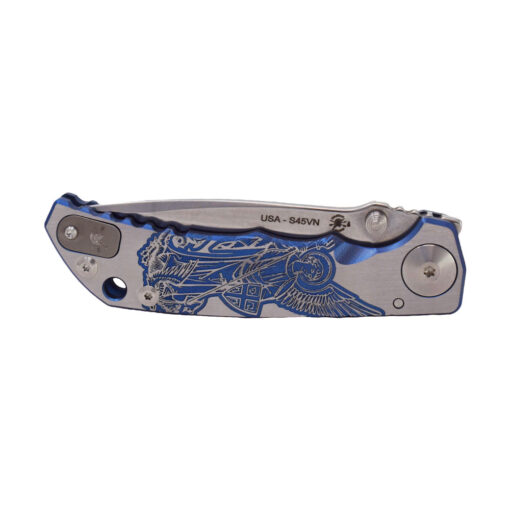 Spartan Blades Harsey Folder 4" S45VN Stonewashed Blade Blue Handle with Custom Saint Michael Engraving Front Side Closed