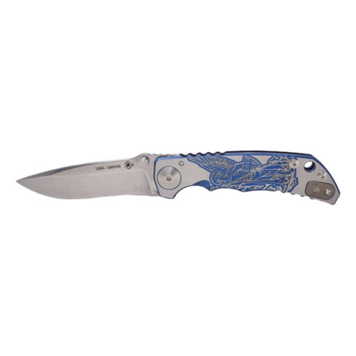 Spartan Blades Harsey Folder 4" S45VN Stonewashed Blade Blue Handle with Custom Saint Michael Engraving Front Side Open